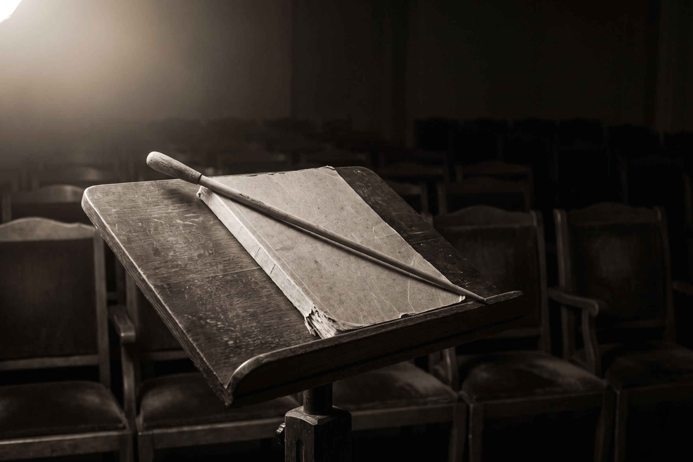 Conductor's baton resting on a closed blank score on a music stand in a dark, empty rehearsal hall.
