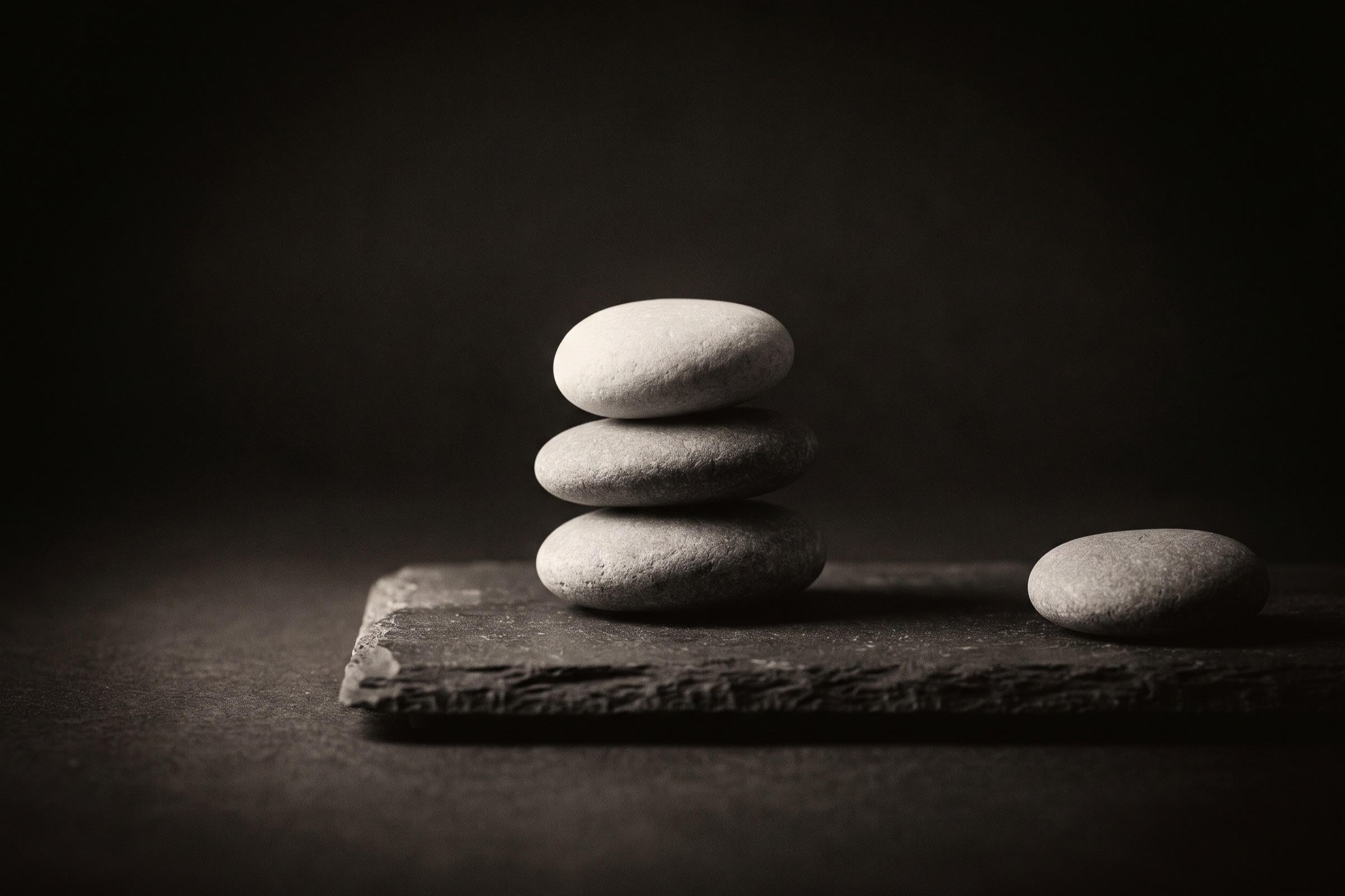 Three river stones balanced on dark slate with a fourth stone set apart.