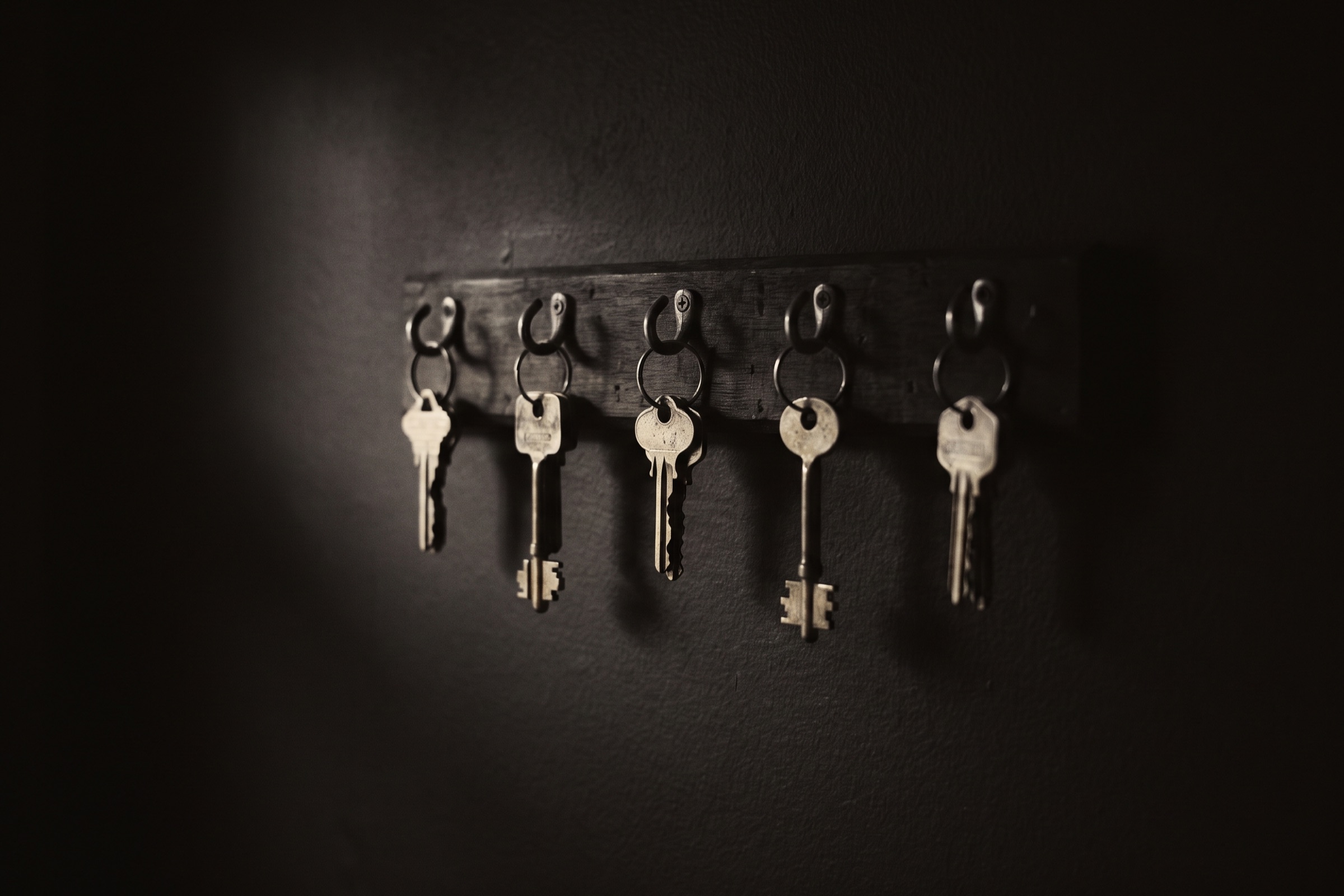 Five brass keys hanging from separate hooks on a dark wooden rack.