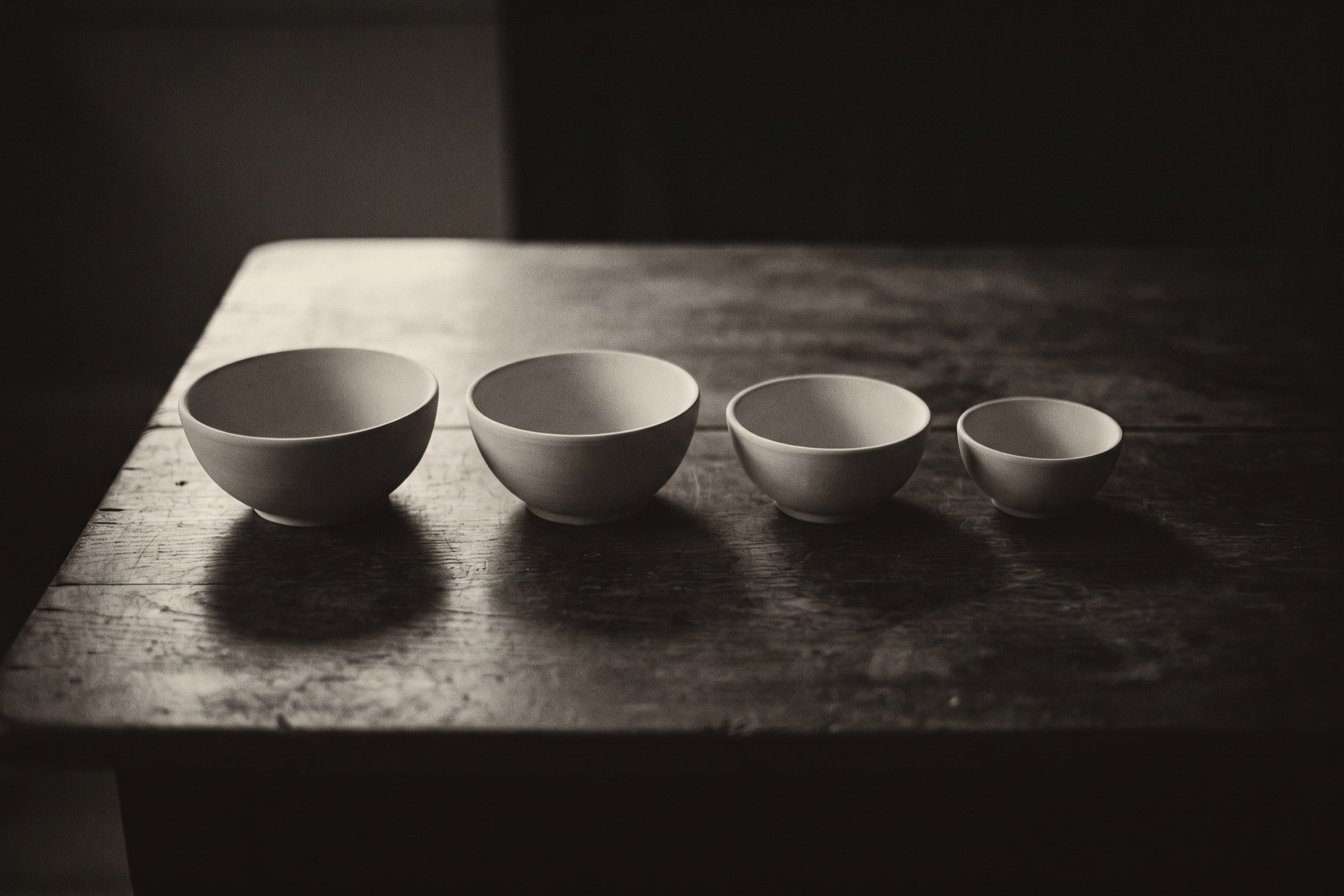 Four plain ceramic bowls of different sizes in a row on dark wood, softly lit from one side.