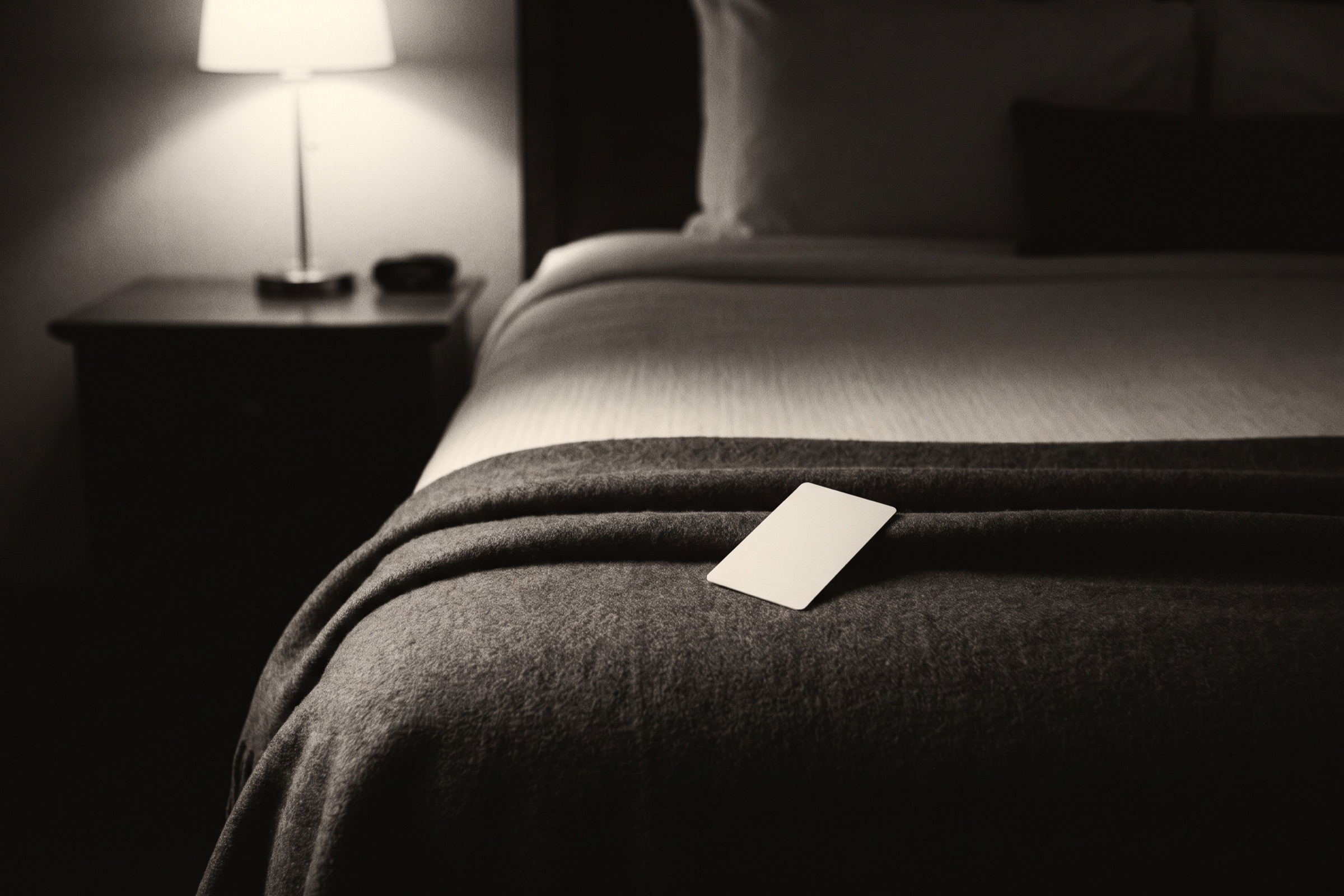 Plain white key card resting on a folded wool throw at the foot of a neatly made hotel bed.