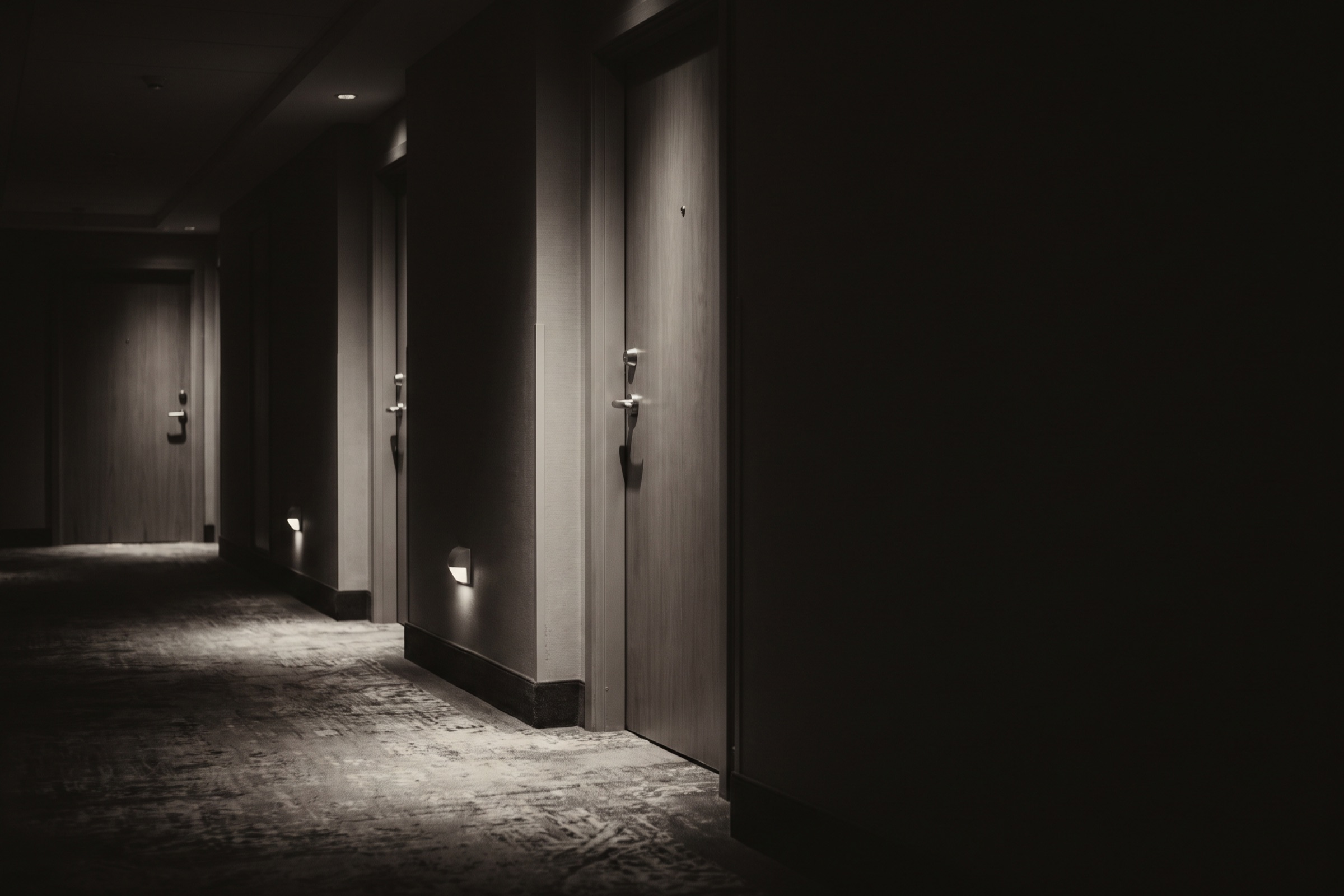 Empty hotel corridor at night with plain doors and warm wall sconces lighting the carpet.