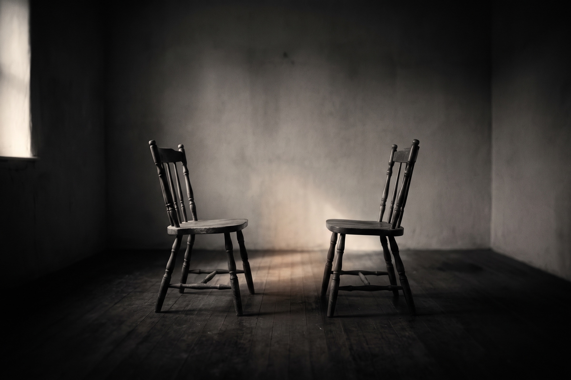 Two empty wooden chairs facing each other in a bare room at dusk, with long shadows across the floor.