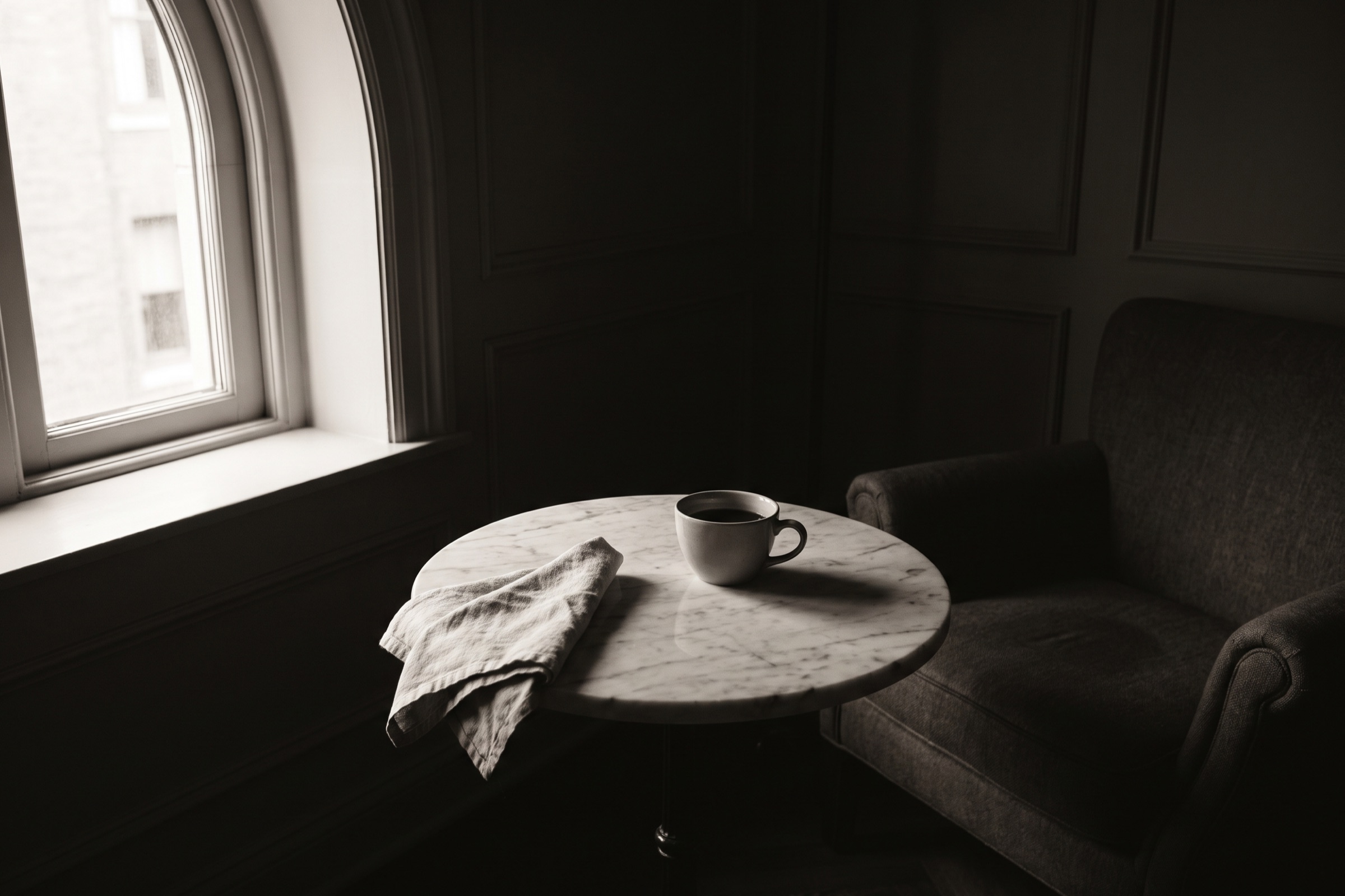 Cup of black coffee and a folded linen napkin on a small round marble tabletop by a hotel window at dawn.