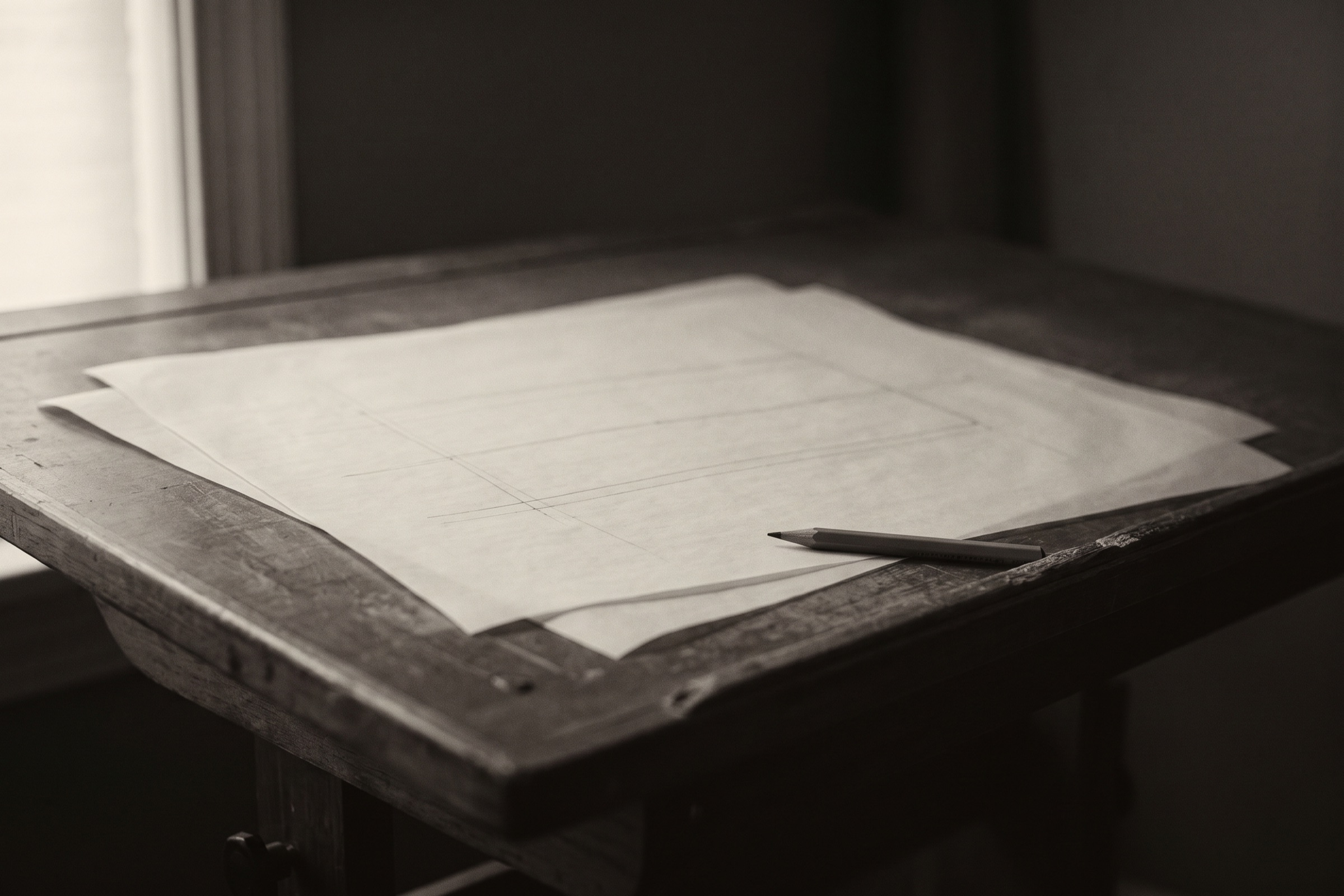 Two sheets of blank tracing paper overlapping on a drafting table beside a pencil.
