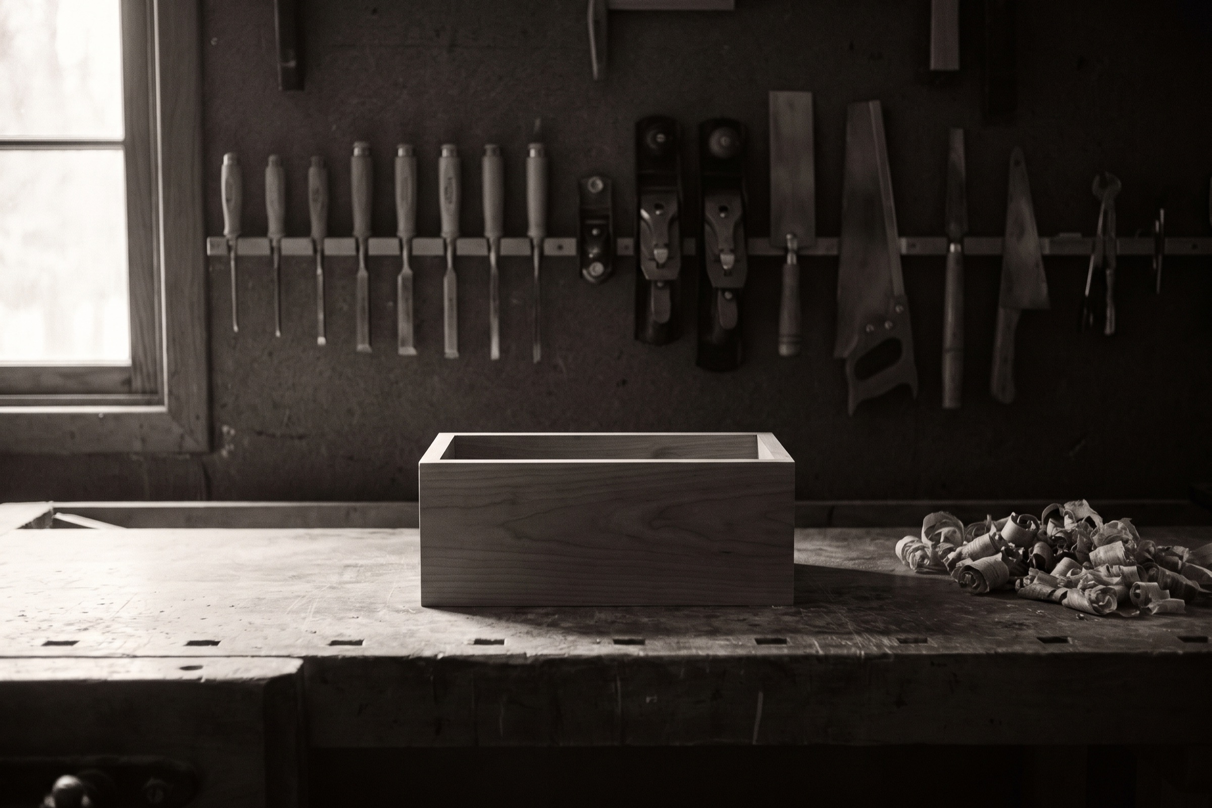 Woodworker's bench with one finished plain wooden box below chisels, planes and saws hung in a neat row.