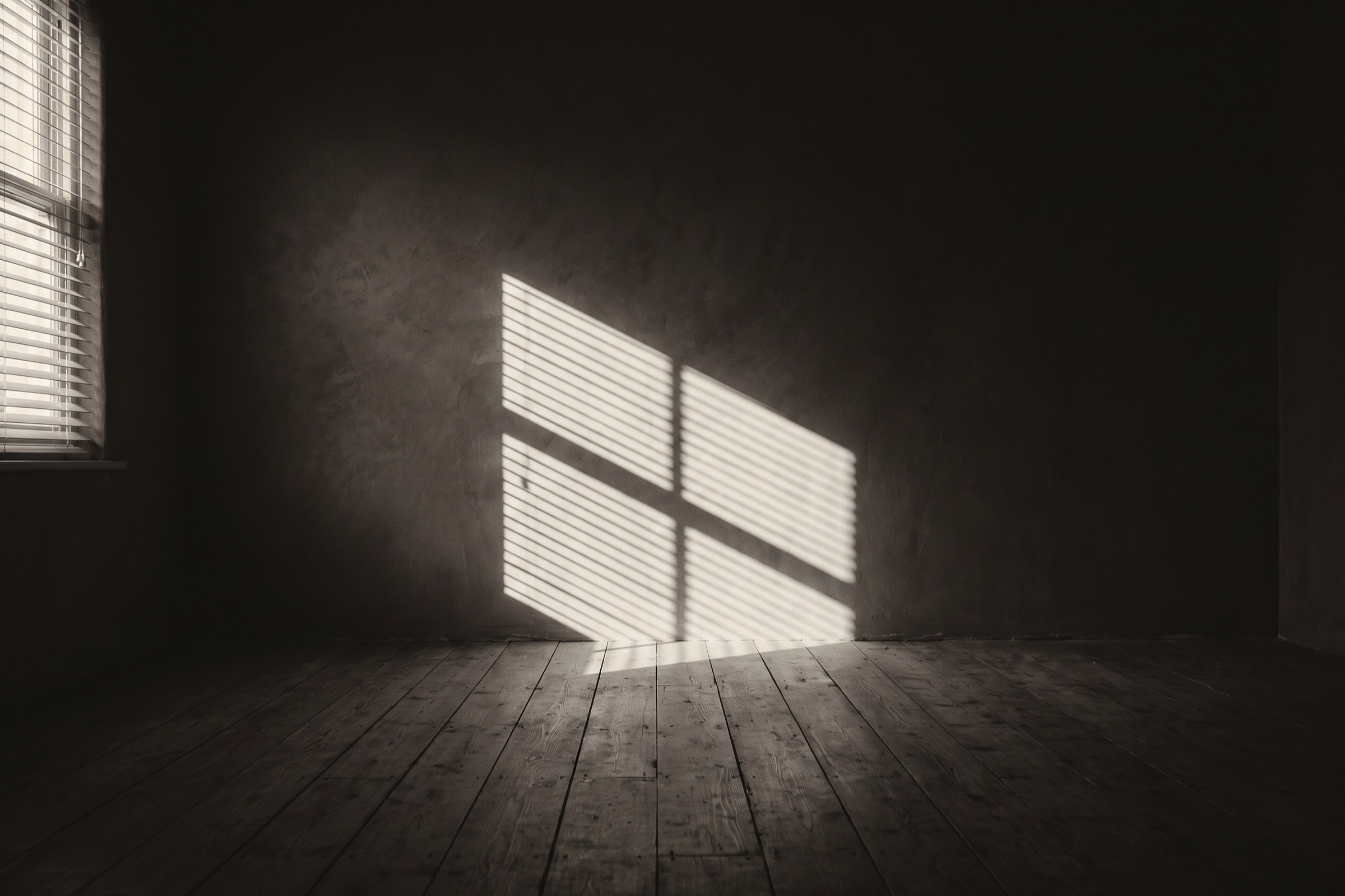 Parallel bars of light from venetian blinds across a dark wall and wide wooden floorboards.