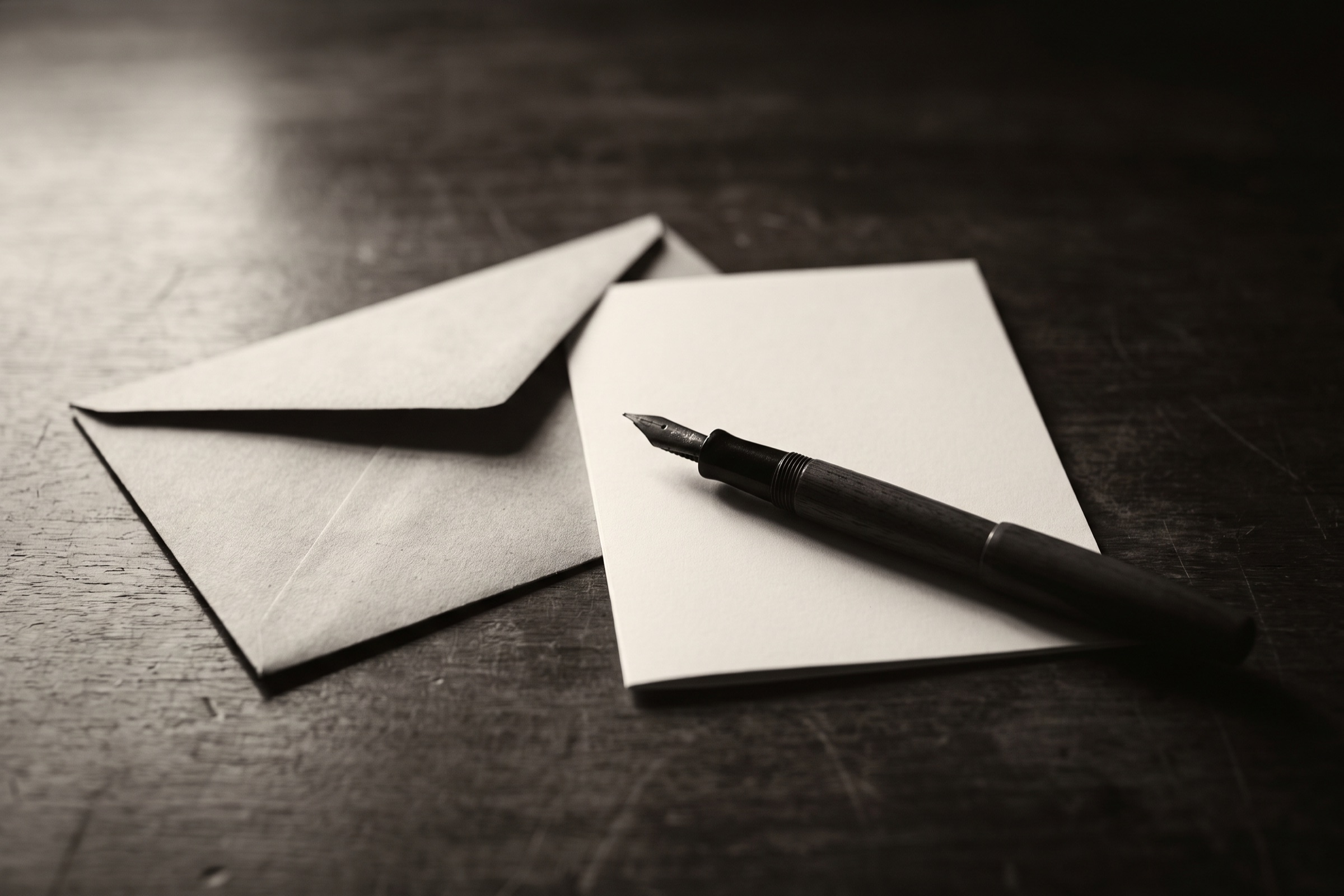 Capped fountain pen on a blank ivory card beside an unsealed envelope on a dark walnut desk.
