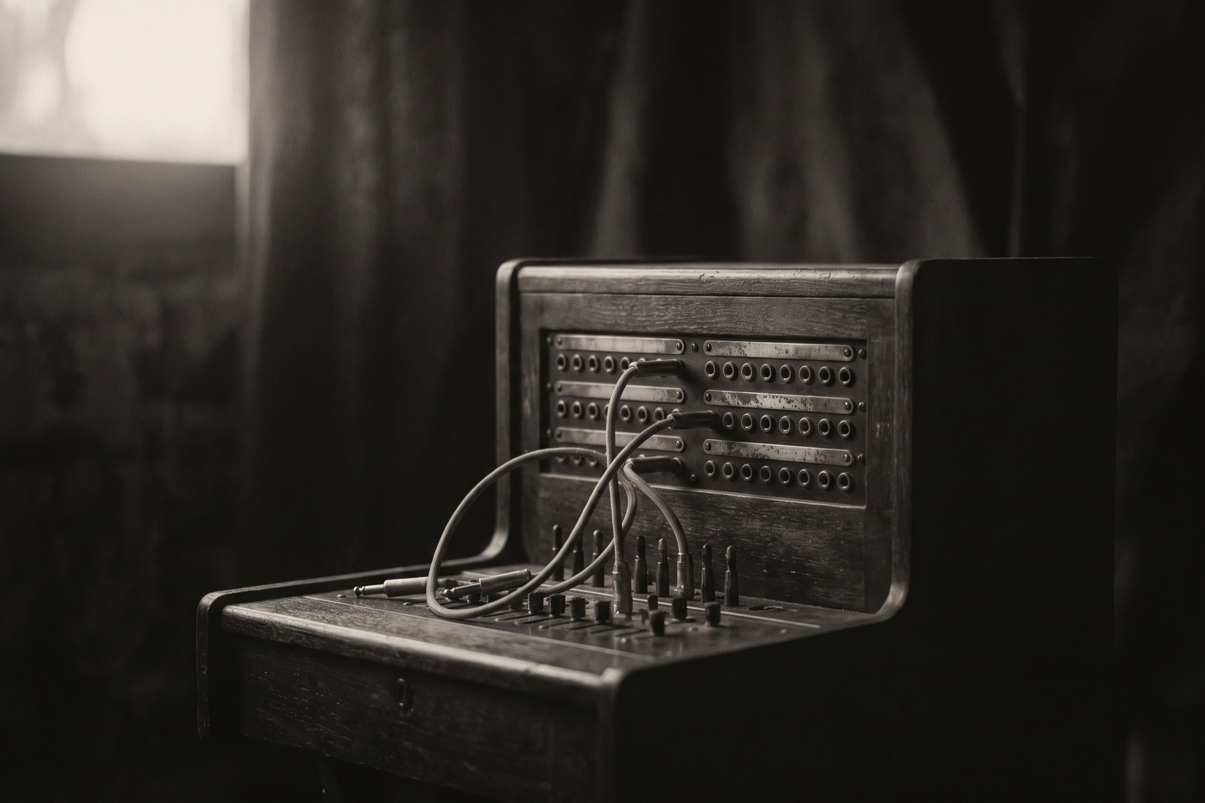 Old telephone switchboard with unmarked brass jacks and a few connected patch cords in a dark room.