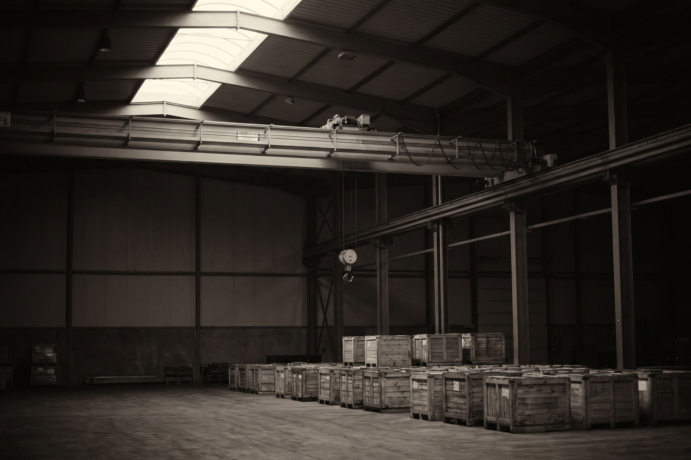 Steel overhead gantry crane with a still hook above rows of unmarked wooden crates in a dim warehouse.