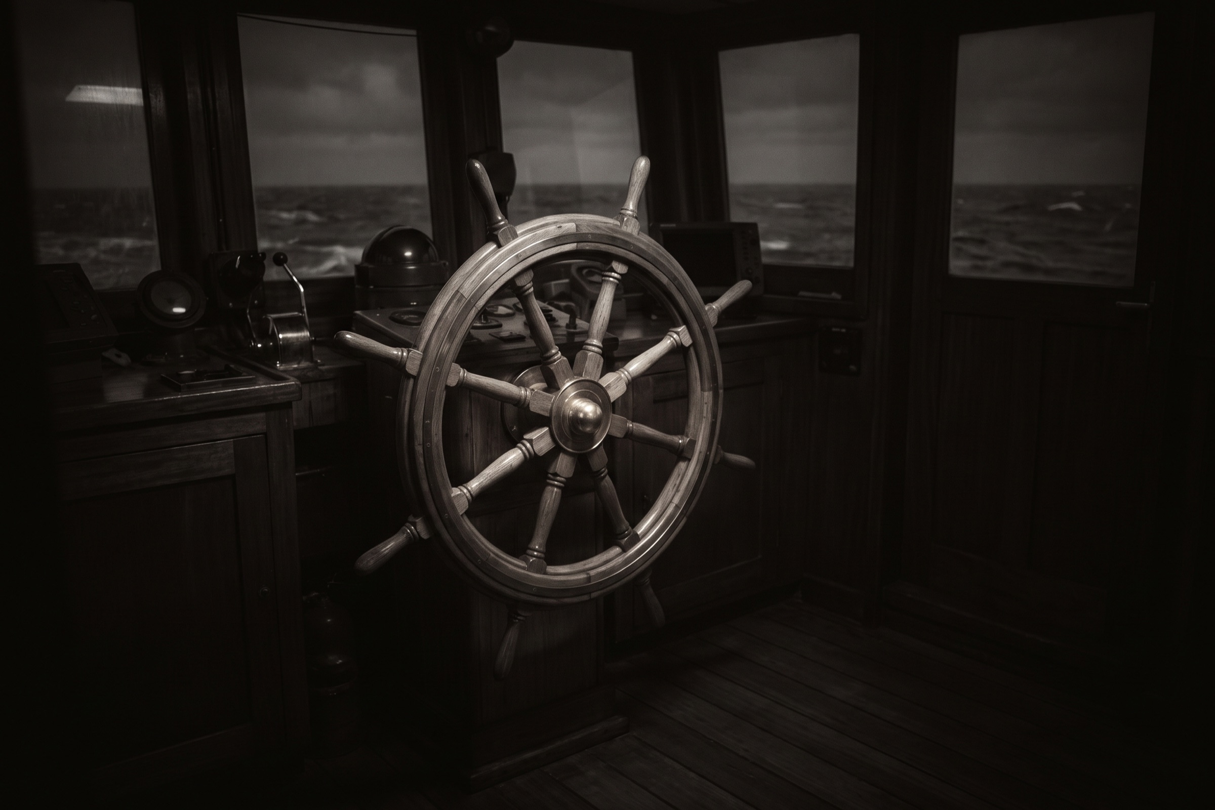 A polished wooden ship's wheel on a dim bridge facing a dark sea through the glass.