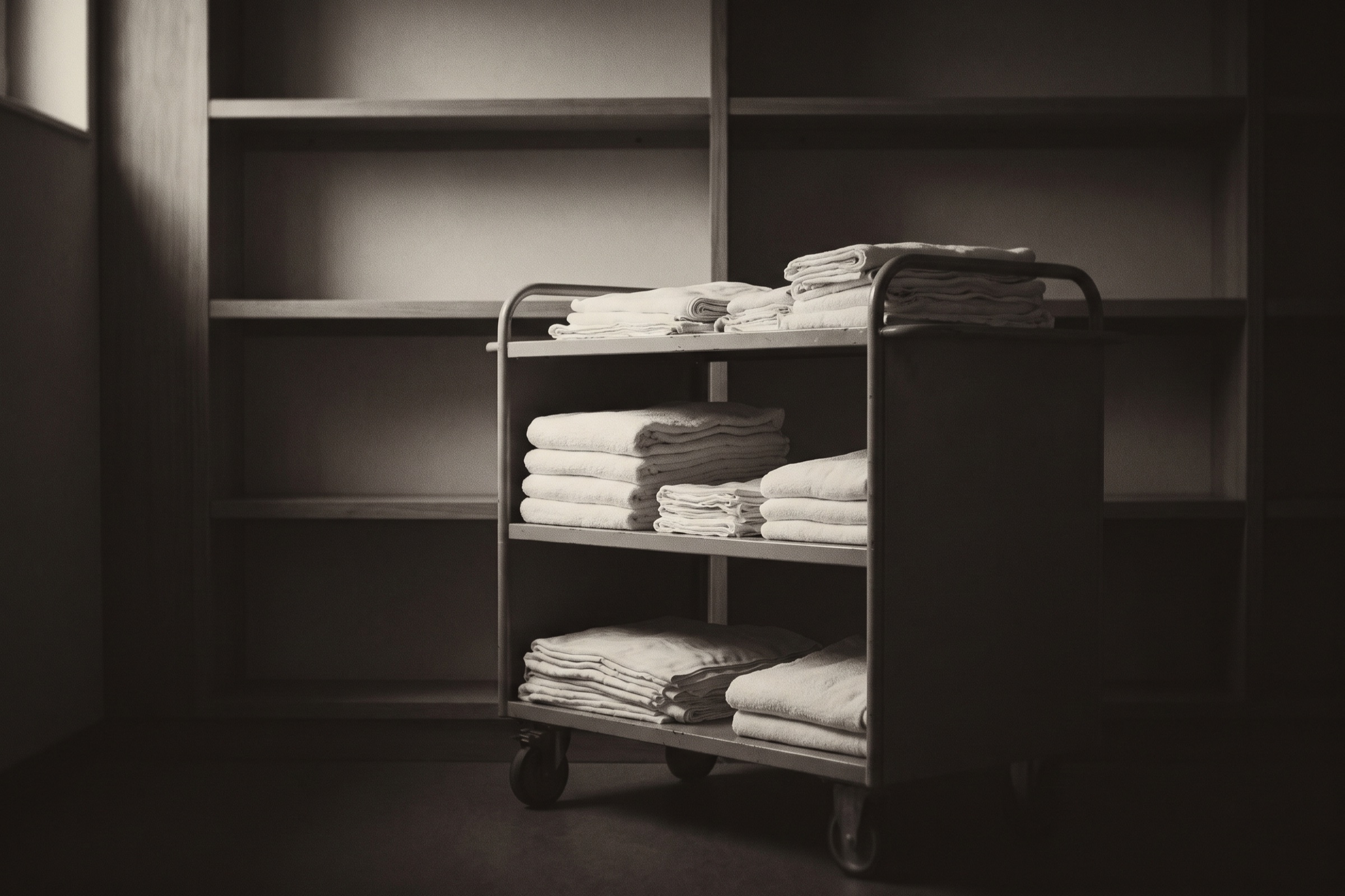 Linen trolley with neatly folded white towels in a dim hotel linen room lined with wooden shelves.